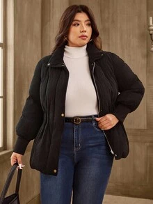 SHEIN LUNE Plus Size Solid Color Stand Collar Corduroy Warm Padded Coat For Women, Winter Fall Cloth For Women Autumn - Black - View 6