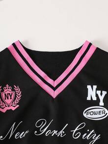 Conjunto de 2 peças de moletom esportivo de malha com estampa de números e blocos de cores para meninas adolescentes e calças cargo com bolso lateral, roupa casual para o dia a dia - Preto - Ver 7