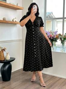 Modelyn Vestido elegante y romántico con estampado de satén y flor para mujer talla grande, con cuello en V profundo, mangas de burbuja y cintura con lazo