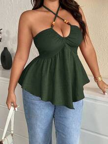 Elenzga 大码夏季畅销波西米亚度假休闲风格焦糖色独特不对称设计彩色穿孔木珠装饰交叉肩带性感魅力常规女式上衣 - 軍綠色 - 查看 6