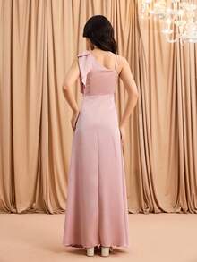 Blush Pink,Summer,Elegant,Formal,Wedding Ninang Bridesmaid Satin Bowknot One-Shoulder Tie-Up A-Line High-Slit Dress For Galas,Birthdays,Graduation - Pink - View 2