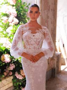 Glamrae Váy maxi đuôi cá tay bồng thêu ren sequin sang trọng, thanh lịch, phù hợp cho đám cưới, tiệc tùng, kỳ nghỉ, vũ hội, không phải đám cưới - Màu be - Xem 2