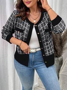 Cárdigan a cuadros casual y de trabajo, talla grande, otoño/invierno - Negro - Ver 3