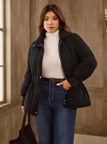 SHEIN LUNE Plus Size Solid Color Stand Collar Corduroy Warm Padded Coat For Women, Winter Fall Cloth For Women Autumn - Black - View 4
