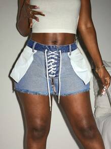 Slaydiva Plus Size Women Denim Belted Reversible Personalized Shorts, Autumn Festival Cowboy Denim Shorts - Blue - View 7