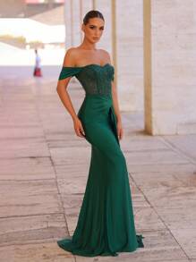 Glamrae Elegant Luxurious Emerald Green Off Shoulder Beaded & Sequin Splice Elastic Knit Mermaid Tail Swimsuit With Detachable Train, Suitable For Wedding, Party, Prom, Vacation, Gala (Heavy-Duty) - Dark Green - View 6