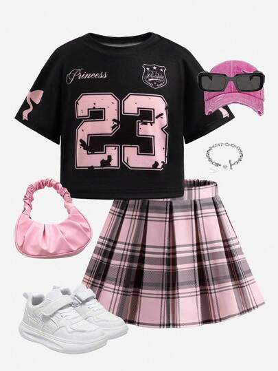 Sparklyn 2 件套年轻女孩休闲数字印花 T 恤和格子百褶裙，夏季