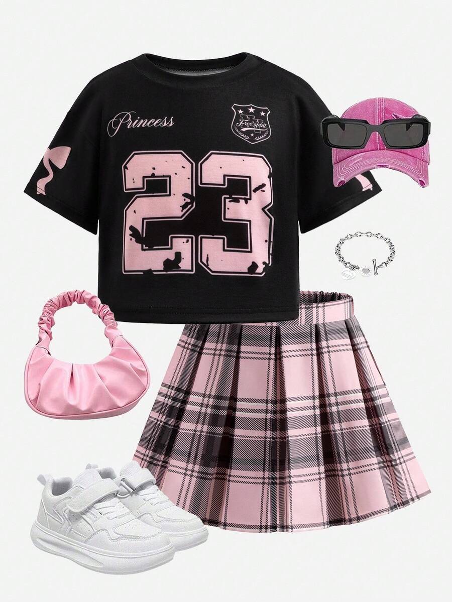 Sparklyn 2 件套年轻女孩休闲数字印花 T 恤和格子百褶裙，夏季 - 彩色 - 查看 1