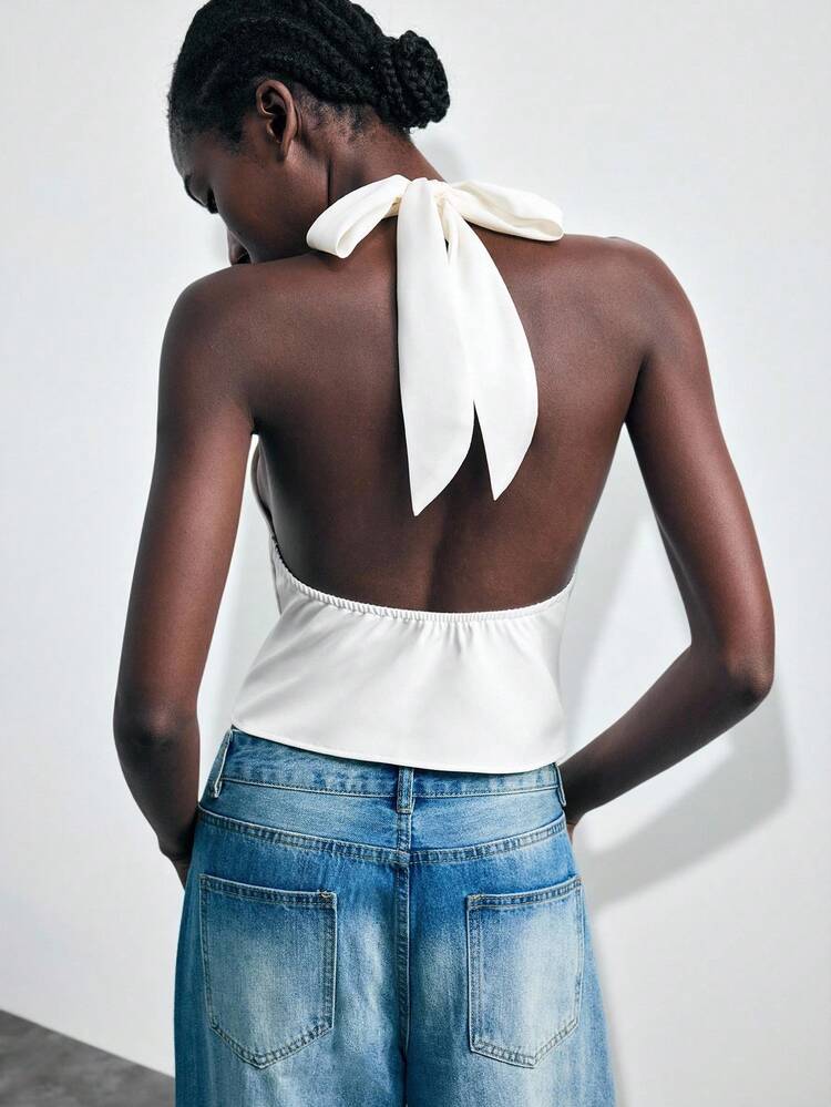 SHEIN Maija 2025 Casual Urban Halter Deep V-Neck Backless Big Bowknot Strap Women's Tank Top, Suitable For Early Autumn Leisure And Vacation White Halter Top White Top Women White Tie Top