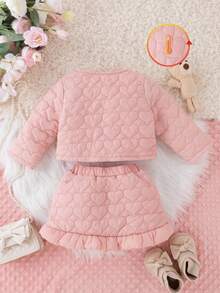 SHEIN 2pcs/Set Infant Girl Winter Fashion Cute Sweet Street Clothes, Pink Long Sleeve Padded Coat With Love Embroidery & Matching Pink Skirt With Love Embroidery, Suitable For Daily Wear And Outings