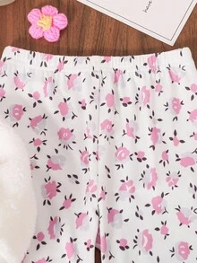 SHEIN Playful Pals 2pcs/Set Baby Girls Autumn/Winter New Plush Hooded Hat With Cat Ear Embroidery & Bow, Ditsy Floral Sweatshirt And Leggings Casual Outfit Set Fall - Multicolor - View 7