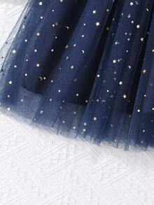 SHEIN 青少年女孩荷叶边星星印花网眼连衣裙，假日，夏季，旅行