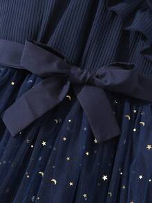 SHEIN 青少年女孩荷叶边星星印花网眼连衣裙，假日，夏季，旅行