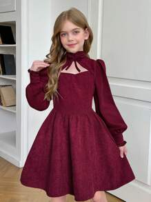 SHEIN Serisse Kids Tween Girl 优雅复古酒红色灯笼长袖灯芯绒连衣裙，带荷叶边领口，适合秋冬、圣诞节和日常穿着 - 酒紅色 - 查看 6