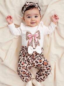 SHEIN 3 pièces Ensemble body et pantalon pour bébé fille avec imprimé léopard mignon, manches longues, col à volants, graphique lettrage et nœud, pour l'automne et l'hiver - Blanc - Voir 1