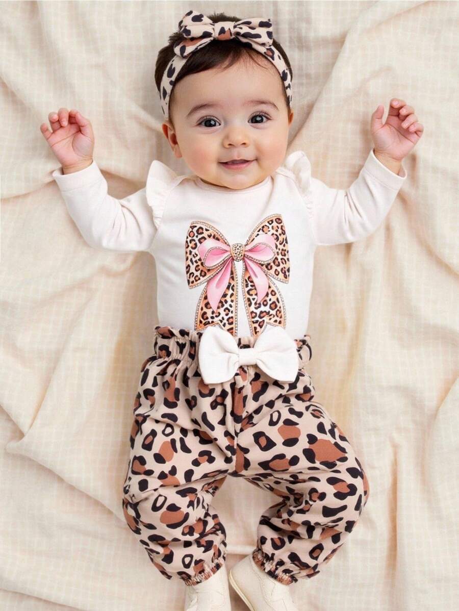 SHEIN 3 pièces Ensemble body et pantalon pour bébé fille avec imprimé léopard mignon, manches longues, col à volants, graphique lettrage et nœud, pour l'automne et l'hiver - Blanc - Voir 1