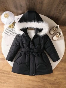 SHEIN 女童纯色连帽休闲羽绒服 冬季外套 女童冬季外套 女童黑色连帽外套 女童毛领冬季外套 女童系带外套 女童系带冬季外套 秋季 - 黑色 - 查看 5