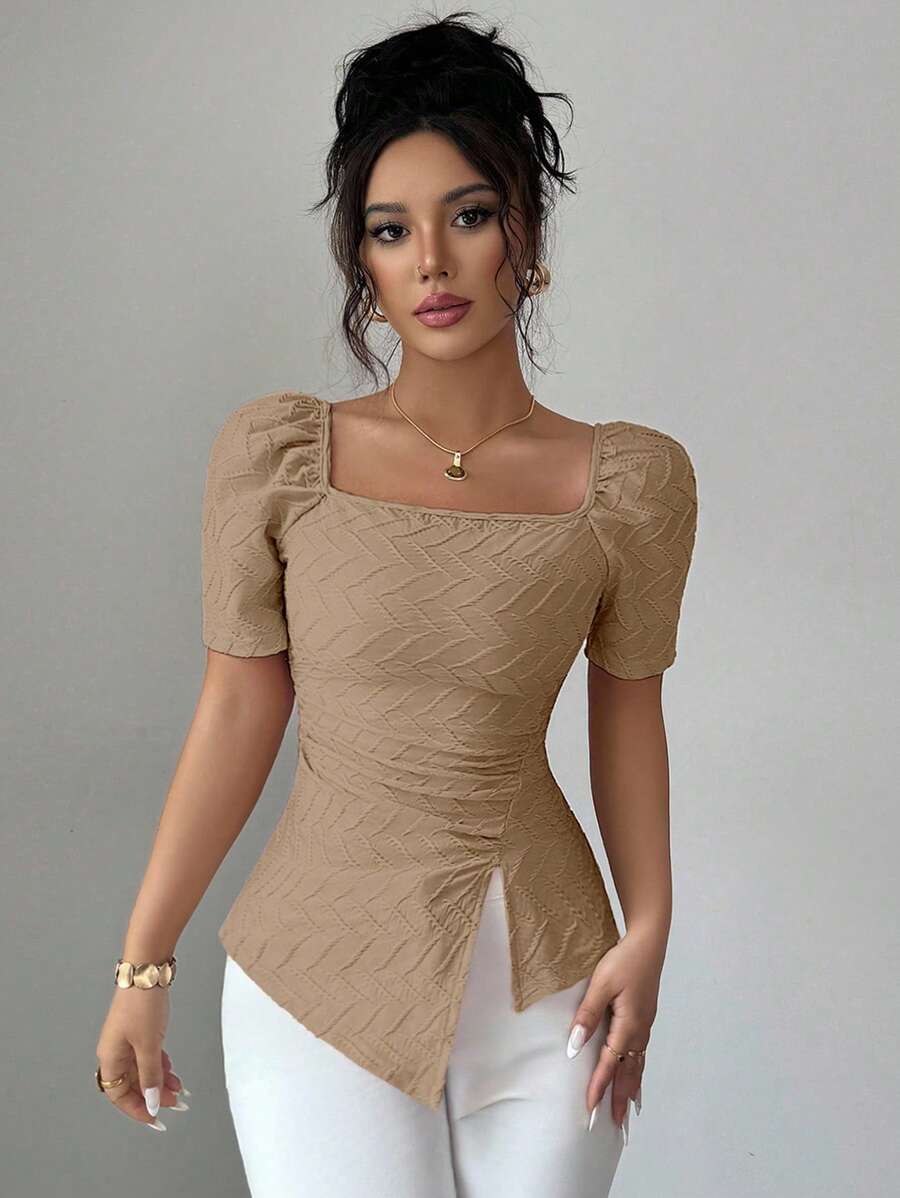 Elenzga 女士时尚优雅方领短袖收腰休闲粉色T恤上衣，夏季 - 杏色 - 查看 1