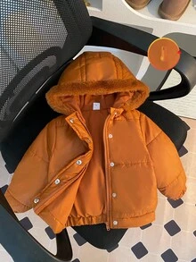 SHEIN 1 件婴儿女孩和男孩冬季时尚简约棕色长袖棉质连帽夹克，带棕色毛皮饰边，适合日常穿着 - 棕色 - 查看 1