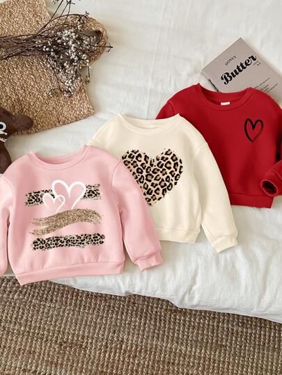 SHEIN Happikins 3pcs Baby Girl Casual Minimalist Comfortable Leopard Print Heart Pattern Thickened Fleece Long Sleeve Sweatshirt Set, Suitable For Autumn/Winter Fall