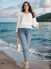 SHEIN LUNE 大码女装返校装女装秋季白色波浪条纹圆领复古服装女式收腰衬衫商务休闲女装秋冬季曲线教师返校装衬衫