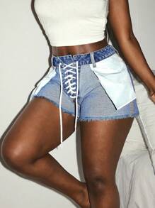 Slaydiva Plus Size Women Denim Belted Reversible Personalized Shorts, Autumn Festival Cowboy Denim Shorts - Blue - View 5