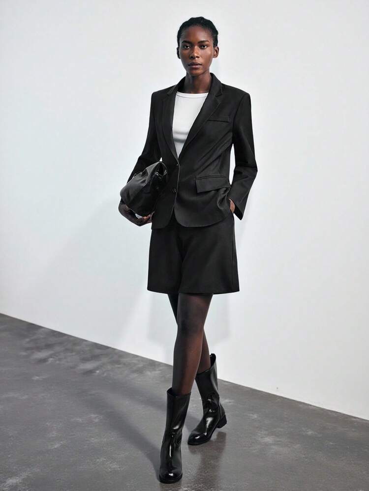 SHEIN Maija 2025 초가을 와이드 숄더 버뮤다 반바지 여성용 정장 세트, 현대적인 도시의 개학 시즌 및 파티 시즌 여성용 정장 여성용 업무 복장 여성용 비즈니스 정장 여성용 전문 의류 스커트 정장 블레이저 세트 여성용