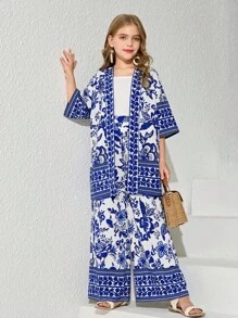 SHEIN Tween Girl 1 件花卉印花和服和 1 条裤子