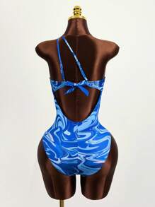 Zestiva 大理石圖案鏤空單肩連體泳衣 - 藍色 - 查看 3