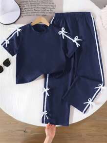 Genkimix Kids 女童休闲日常圆领短袖短款黑色T恤搭配3D蝴蝶结装饰和直筒宽松裤夏季套装