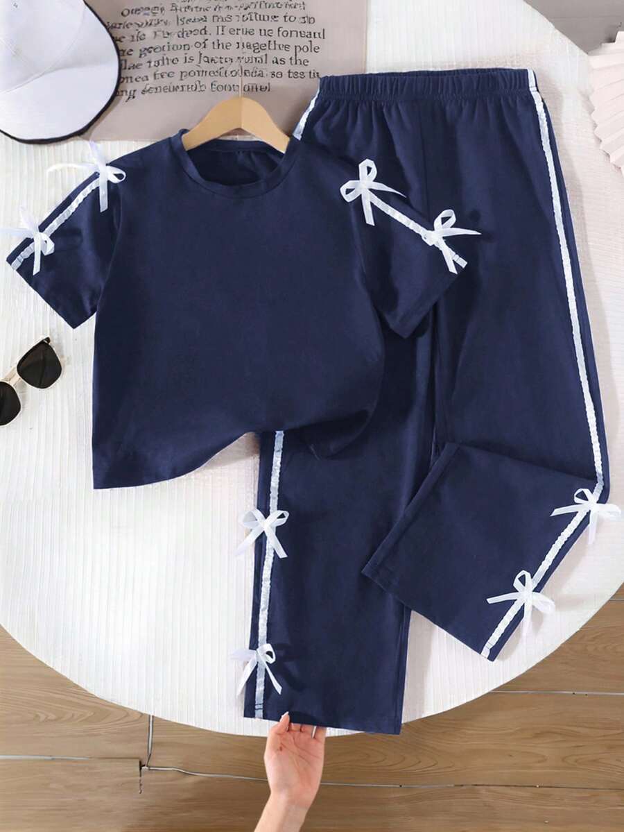 Genkimix Kids 女童休闲日常圆领短袖短款黑色T恤搭配3D蝴蝶结装饰和直筒宽松裤夏季套装