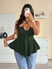 Elenzga 大码夏季畅销波西米亚度假休闲风格焦糖色独特不对称设计彩色穿孔木珠装饰交叉肩带性感魅力常规女式上衣 - 軍綠色 - 查看 3