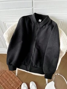 SHEIN Tween Girl Casual Minimalist Comfortable Textured Fabric Long Sleeve Jacket,In Fall/Winter - Black - View 5