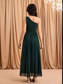 优雅荷叶边雪纺单肩蝴蝶结收腰连衣裙，适合少女 - 墨綠色 - 查看 2