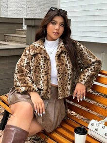 SHEIN EZwear Plus Size Fashionable Leopard Print Faux Fur Jacket, Autumn/Winter Leopard Print Jacket Leopard Coat Fall - Multicolor - View 1