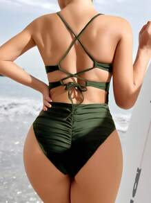 SHEIN Swim Summer Beach Ruched Backless One Piece Swimsuit - Army Green - View 1