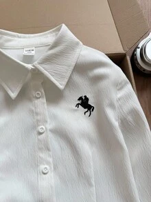 SHEIN 少女纯白衬衫，饰有刺绣图案，修身长袖上衣，适合日常穿着、返校季以及秋冬季日常穿着。 - 白色 - 查看 7