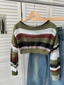SHEIN Tween Girls Multi Color Striped Pattern Drop Shoulder Pullover Sweater Crop Sweater,Long Sleeve Tops, Suitable For Casual Daily Wear,In Fall/Winter - Army Green - View 3