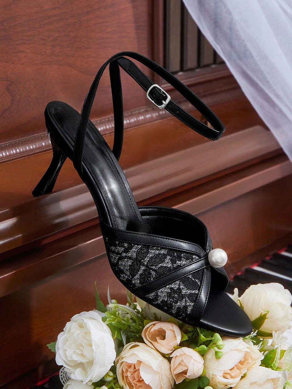 CUCCOO HITCHD Black Round Toe Lace Pearl Elegant Wedding Party High Heel Sandals For Women