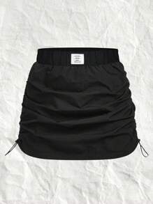 SHEIN EZwear CURVE 加大码女式黑色编织贴花松紧腰抽绳半身裙 情人节 - 黑色 - 查看 3