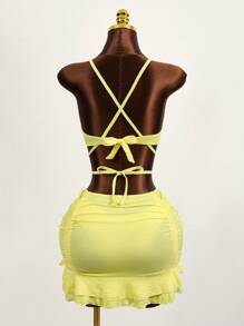 Zestiva 夏季海滩纯色比基尼套装 O 形环细节交叉胸罩和比基尼和抽绳褶皱沙滩裙 3 件比基尼