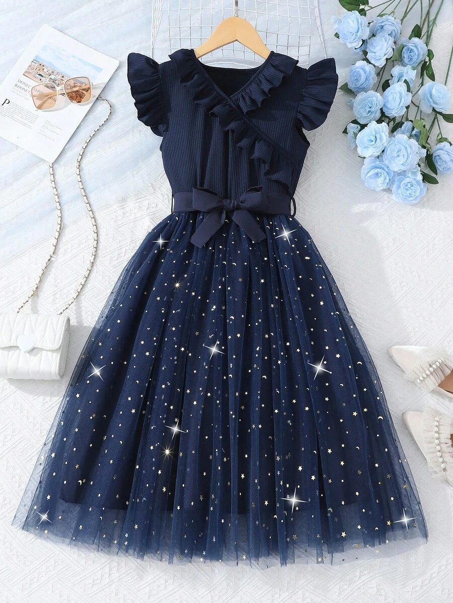 SHEIN 青少年女孩荷叶边星星印花网眼连衣裙，假日，夏季，旅行