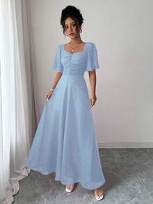 Modelyn Vestido de verano de estilo francés dulce con mangas de murciélago plisadas y lunares de gasa para mujer - Azul - Ver 6