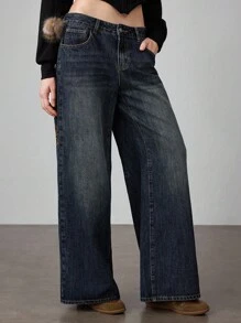 ROMWE J-Fashion 男女皆宜的复古嘻哈亚文化鲤鱼花卉刺绣宽松阔腿低腰牛仔裤