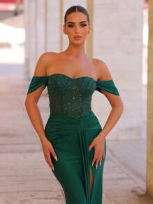 Glamrae Elegant Luxurious Emerald Green Off Shoulder Beaded & Sequin Splice Elastic Knit Mermaid Tail Swimsuit With Detachable Train, Suitable For Wedding, Party, Prom, Vacation, Gala (Heavy-Duty) - Dark Green - View 4