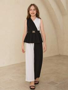 少女无袖上衣 + 黑白撞色长裤，优雅套装，适合上学、参加派对、万圣节、圣诞节等场合。 - 黑色 - 查看 3