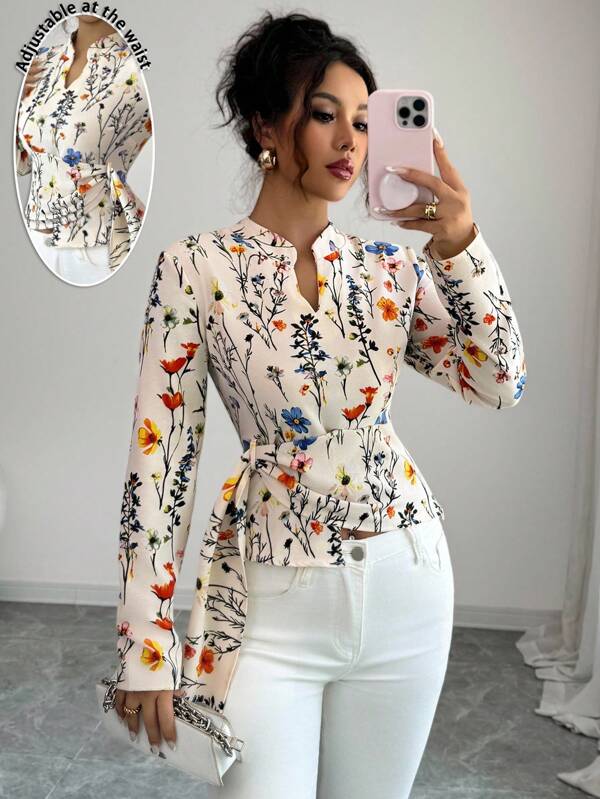 Elenzga Blusa larga y ajustada con cuello, estampado floral en color albaricoque, escote en V profundo y lazo delantero, para primavera/otoño