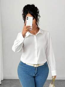 Elenzga 大码女式纯色纽扣衬衫 - 白色 - 查看 5