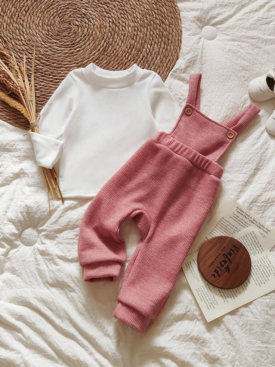 SHEIN Baby Mädchen süßer, niedlicher gestrickter Rollkragen Langarm-Top und gestrickte Latzhose Set - Korallenrosa - Übersicht 1