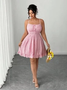 DreamSkyne 大码花卉印花腰系带细肩带夏季节日连衣裙度假海滩装女式 - 粉色 - 查看 4